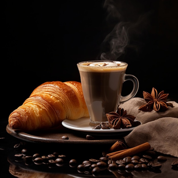 delicioso café e croissant fotografia realista para menu de restaurante café da manhã feijão barista