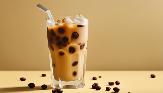 Delicioso café gelado com leite num copo com cubos de gelo e grãos sobre um fundo amarelo