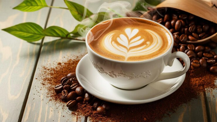 Delicioso café y granos de café en una mesa de madera por la mañana