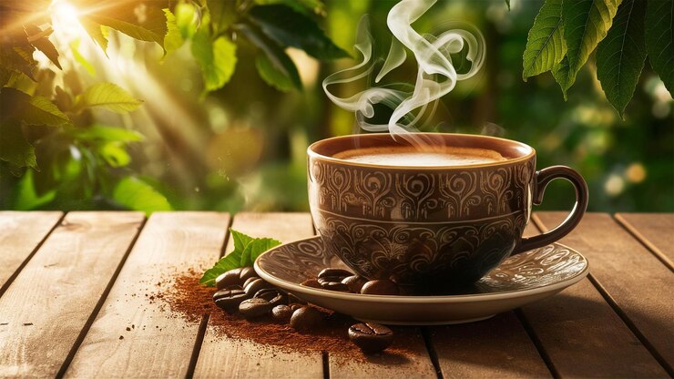 Delicioso café y granos de café en una mesa de madera por la mañana