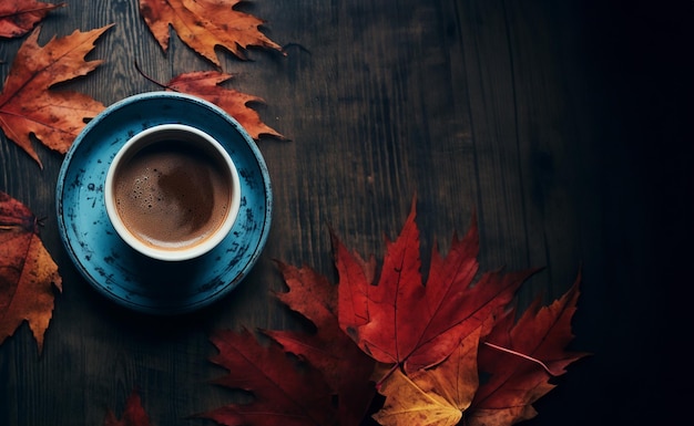 Foto delicioso café en la mesa de madera con hojas de otoño