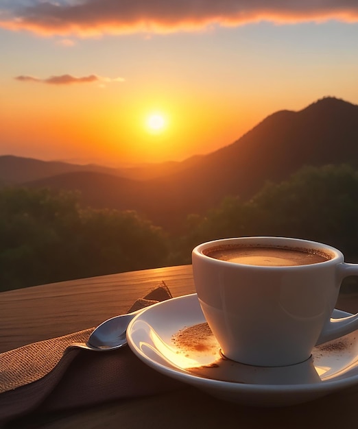 Delicioso café quente o sol nasce