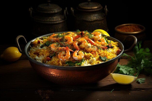 Foto delicioso camarão korma biryani biryani fotografia de imagens