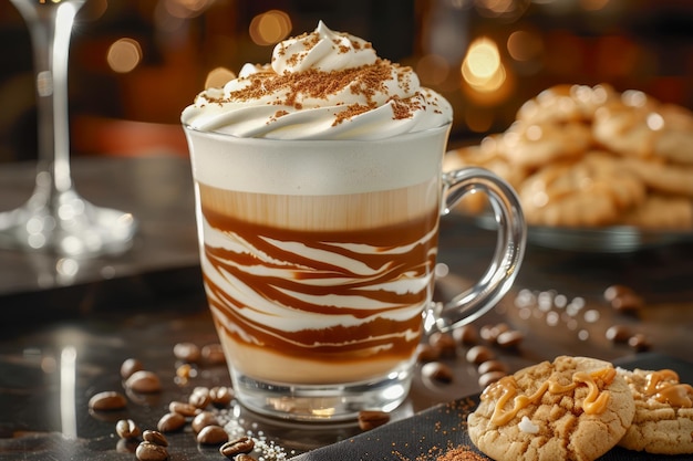 Delicioso caramelo macchiato café en vaso con crema batida junto a galletas frescas y café