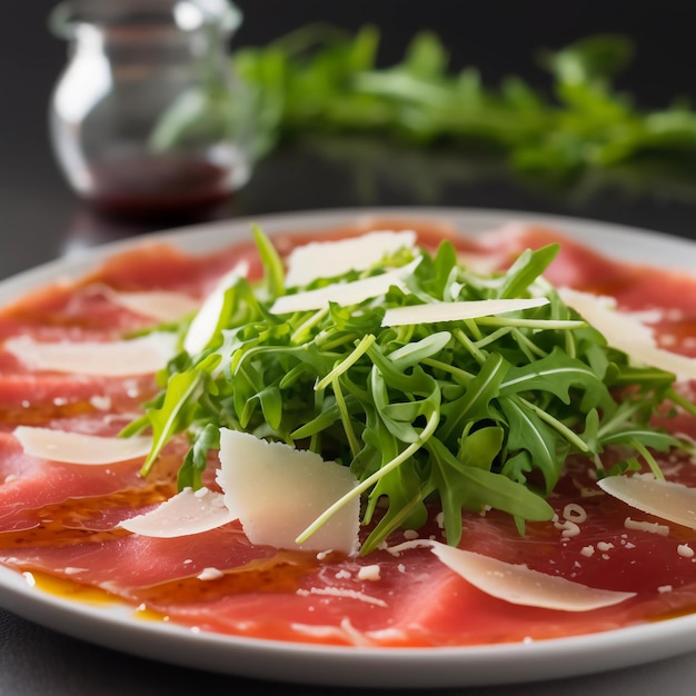 un delicioso carpaccio di manzo con parmesano y rúcula