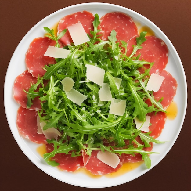 un delicioso carpaccio di manzo con parmesano y rúcula