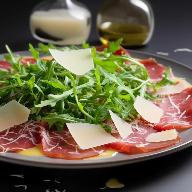 un delicioso carpaccio di manzo con parmesano y rúcula