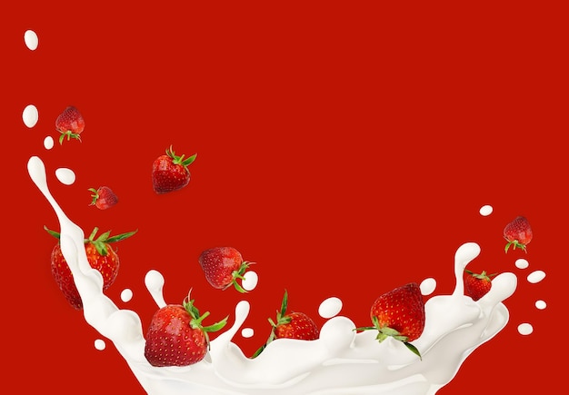 Un delicioso chapoteo de leche que muestra artísticamente las fresas dulces