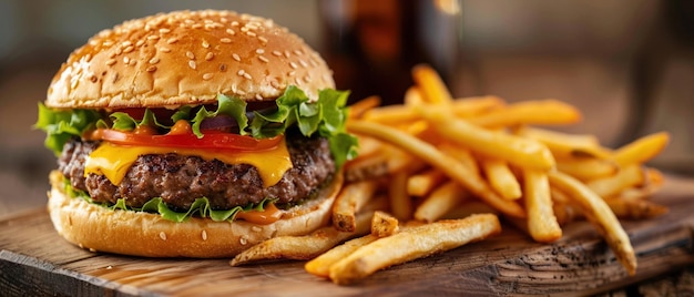 Delicioso cheeseburger clássico com alface e tomate combinado com batatas fritas douradas