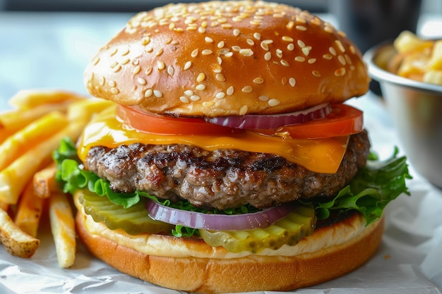 Delicioso cheeseburger com alface, tomate, cebola e bolinho de gergelim, servido com batatas fritas douradas.