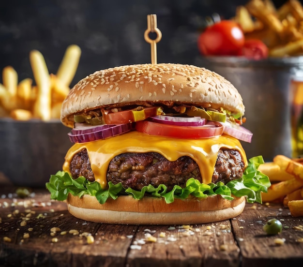 Delicioso cheeseburger com batatas fritas e tomates em uma mesa de madeira contra um fundo escuro