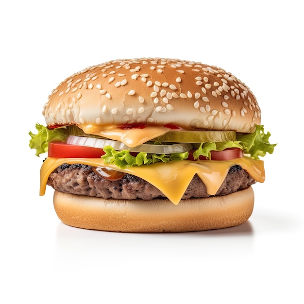 Delicioso cheeseburger com carne e queijo em um fundo branco fastfood rápido e fresco