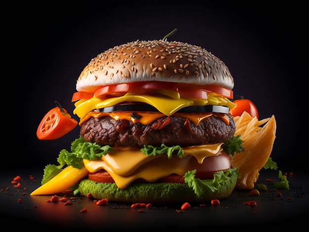 delicioso cheeseburger com queijo tomate alface cebola roxa isolada gerada por IA