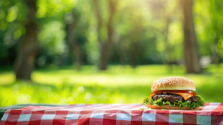 Foto delicioso cheeseburger com tomate de alface em toalha de mesa a quadros vermelhos em um parque ensolarado