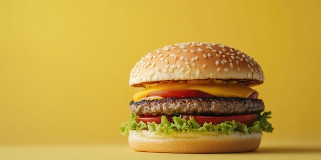 Delicioso cheeseburger com tomate de alface fresca e queijo derretido em um pão de sementes de gergelim contra um fundo amarelo brilhante