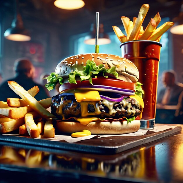 Delicioso cheeseburger de bacon com batatas fritas obra-prima culinária combina os sabores saborosos da carne bovina