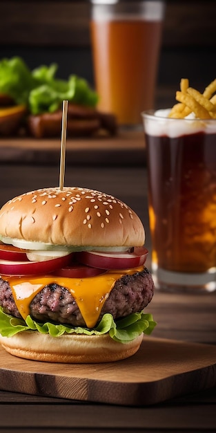 delicioso cheeseburger de carne com junk food