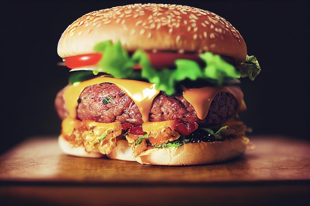 delicioso cheeseburger gigante com legumes duplo