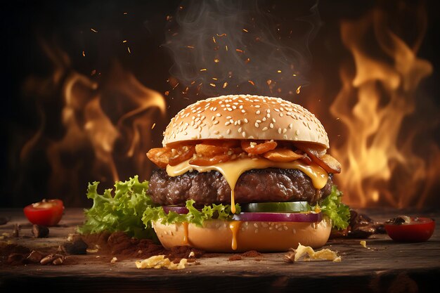 Delicioso Cheeseburger Grelhado com Salada no fundo do Estúdio