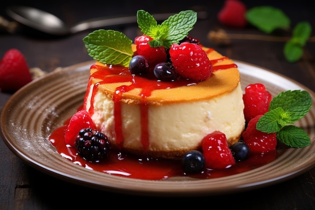 Delicioso Cheesecake Cremoso com Molho de Morango e Frutas Generativa AI