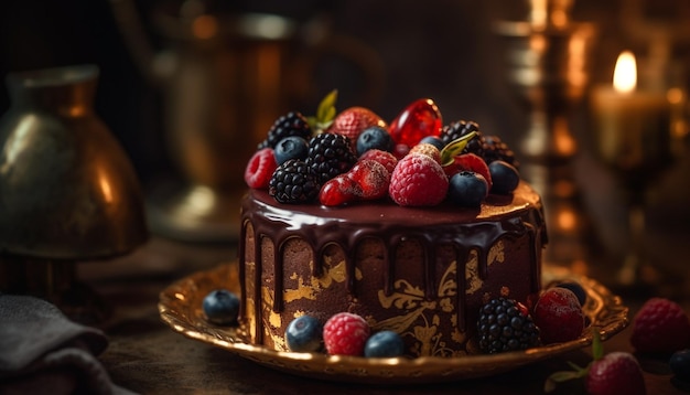 Delicioso cheesecake de chocolate caseiro com decoração de frutas frescas em mesa rústica gerada por IA