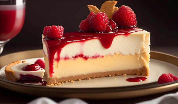 Delicioso cheesecake con fondo de frambuesas IA generativa