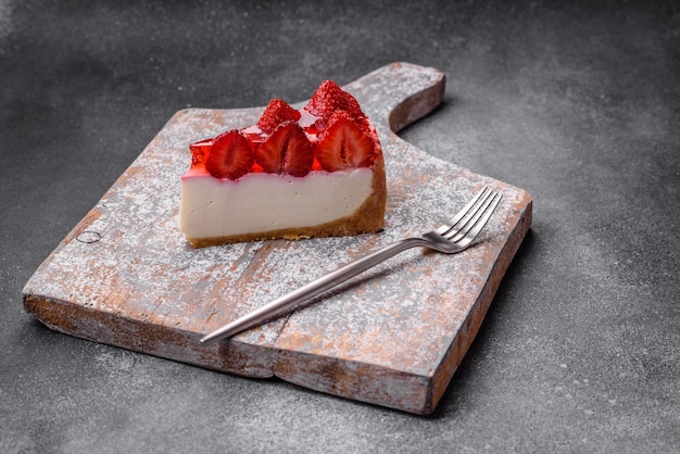 Foto delicioso cheesecake fresco com calda de morangos e queijo mascarpone