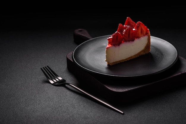 Delicioso cheesecake fresco con sirope de fresas y queso mascarpone