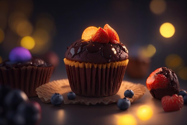 Delicioso chocolate con muffin de frutas brillante ai generativo