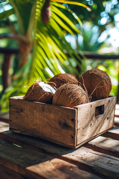 delicioso coco jugoso en una caja de madera en el fondo de la naturaleza