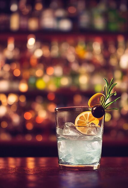 Delicioso cóctel blanco con hielo y fruta ubicado en el fondo del bar con botellas