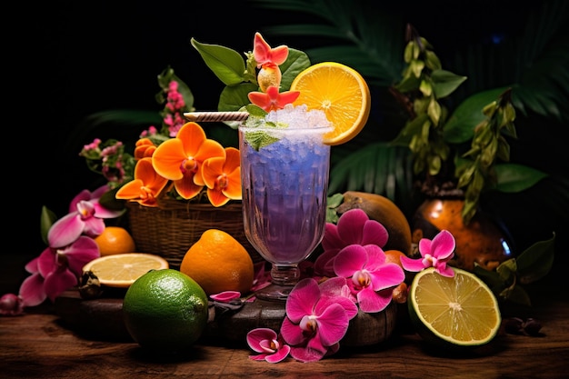 Foto delicioso cóctel y frutas tropicales