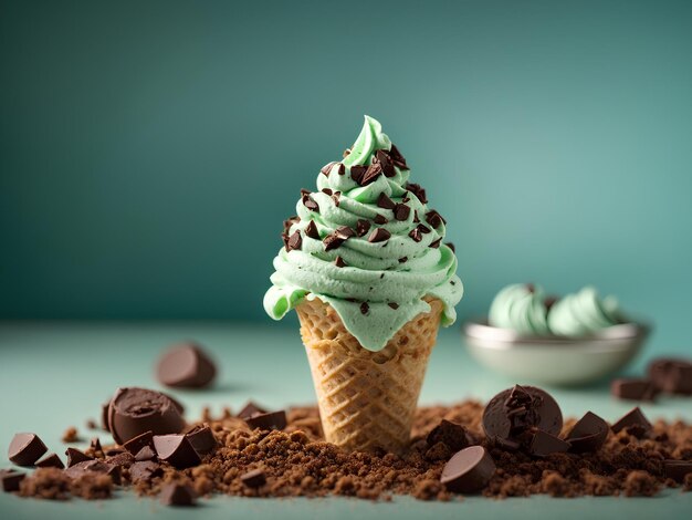 El delicioso cono de gelato de chocolate de menta es un regalo refrescante e indulgente que es perfecto para un
