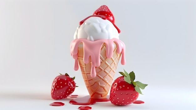 Delicioso cono de helado 3D con cucharas de fresa y vainilla que gotean y representan la dulzura veraniega