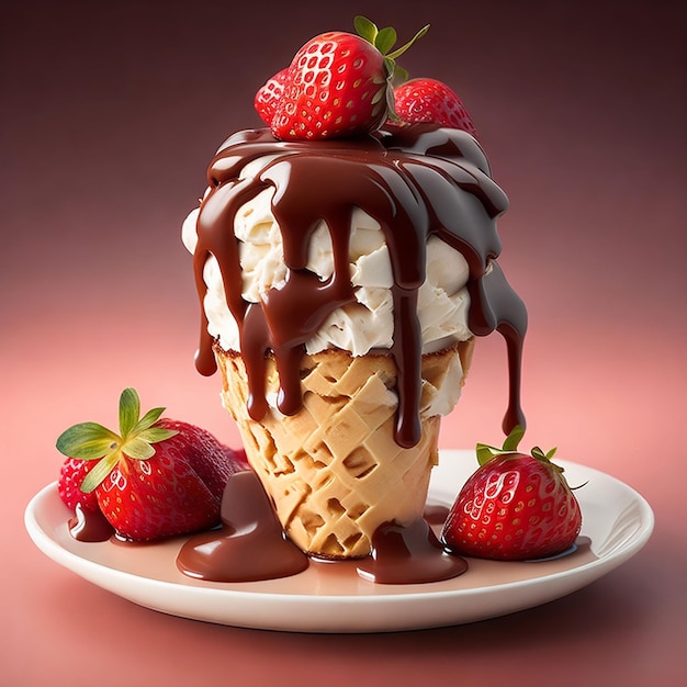 Delicioso cono de helado con chocolate fresa
