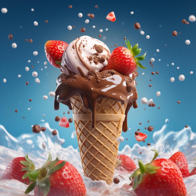 Delicioso cono de helado con chocolate con fresas voladoras