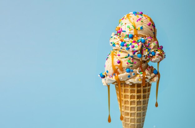 Delicioso cono de helado con múltiples cucharadas de helado y salpicaduras y jarabe