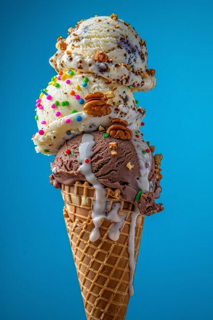Foto delicioso cono de helado con múltiples cucharadas de helado y salpicaduras y jarabe