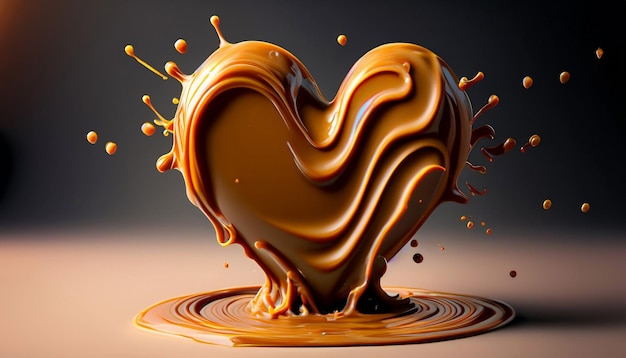 Delicioso coração de caramelo derretido Onda de fluxo e gotas de molho de caramelos Amor doces design de comida AI Generativo