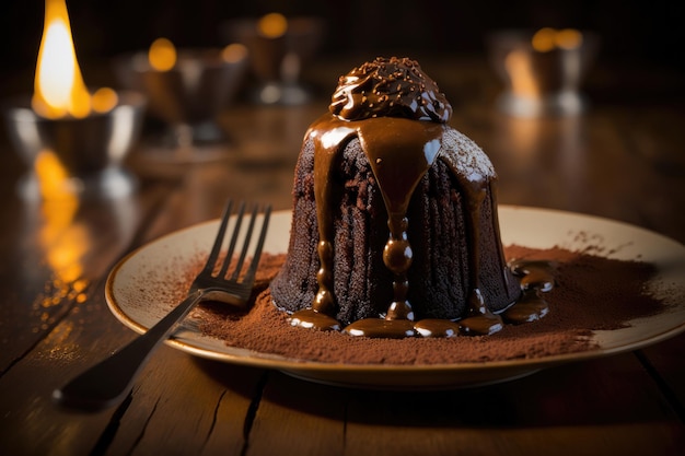 Delicioso coulant em um prato rústico backgroundAI