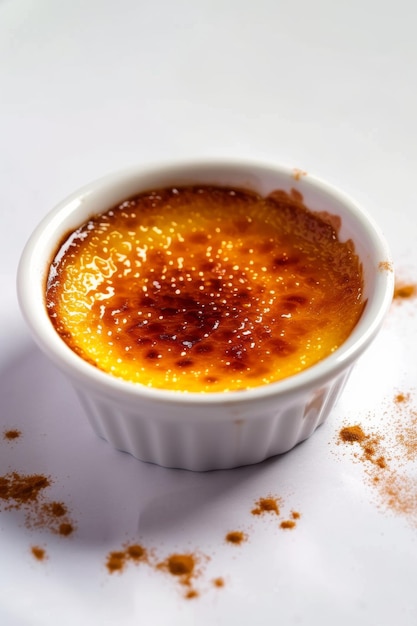 Delicioso creme brulee em um prato de cerâmica em um fundo branco isolado