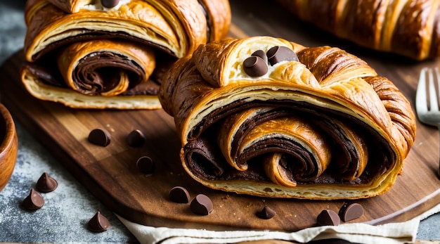 Un delicioso croissant de chocolate con un delicioso relleno cremoso