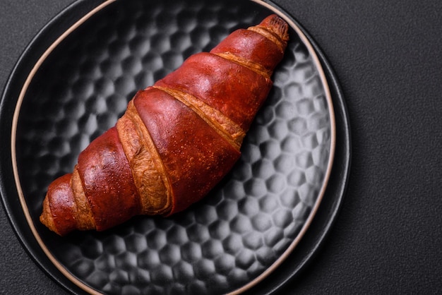 Delicioso croissant crujiente con chocolate en un plato de cerámica negra