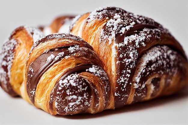 Delicioso croissant delicado con chocolate en la mesa