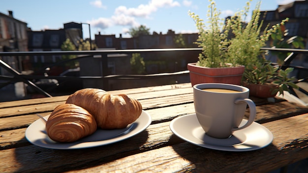 Delicioso croissant e xícara de café em uma mesa de café urbana ao ar livre em um cenário cênico