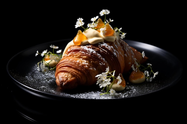 Delicioso croissant y flores en el plato