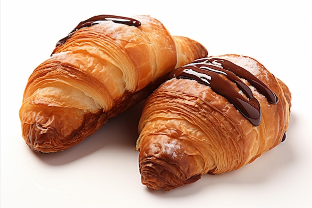 Delicioso croissant francês cheio de chocolate rico isolado em fundo branco