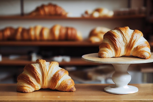 Delicioso croissant francês fresco no balcão da padaria