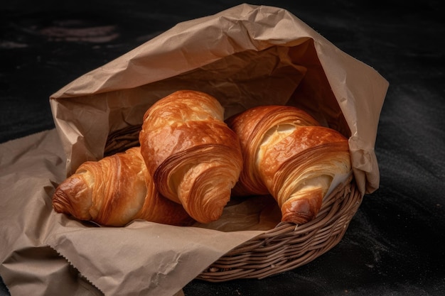 Delicioso croissant fresco embalado em papel típico café da manhã francês