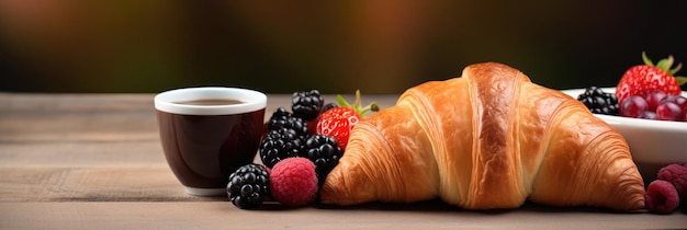 Delicioso croissant con frutas frescas y café aromático para la comida gourmet de la mañana